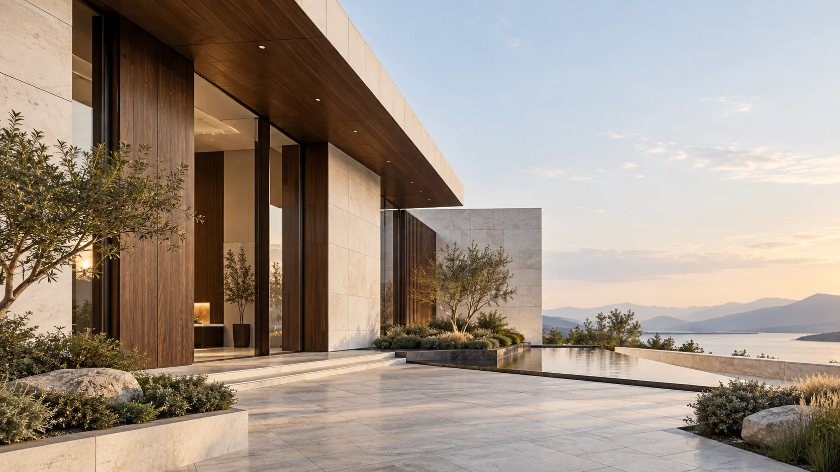An architectural application concept with woodgrain and mineral surfaces