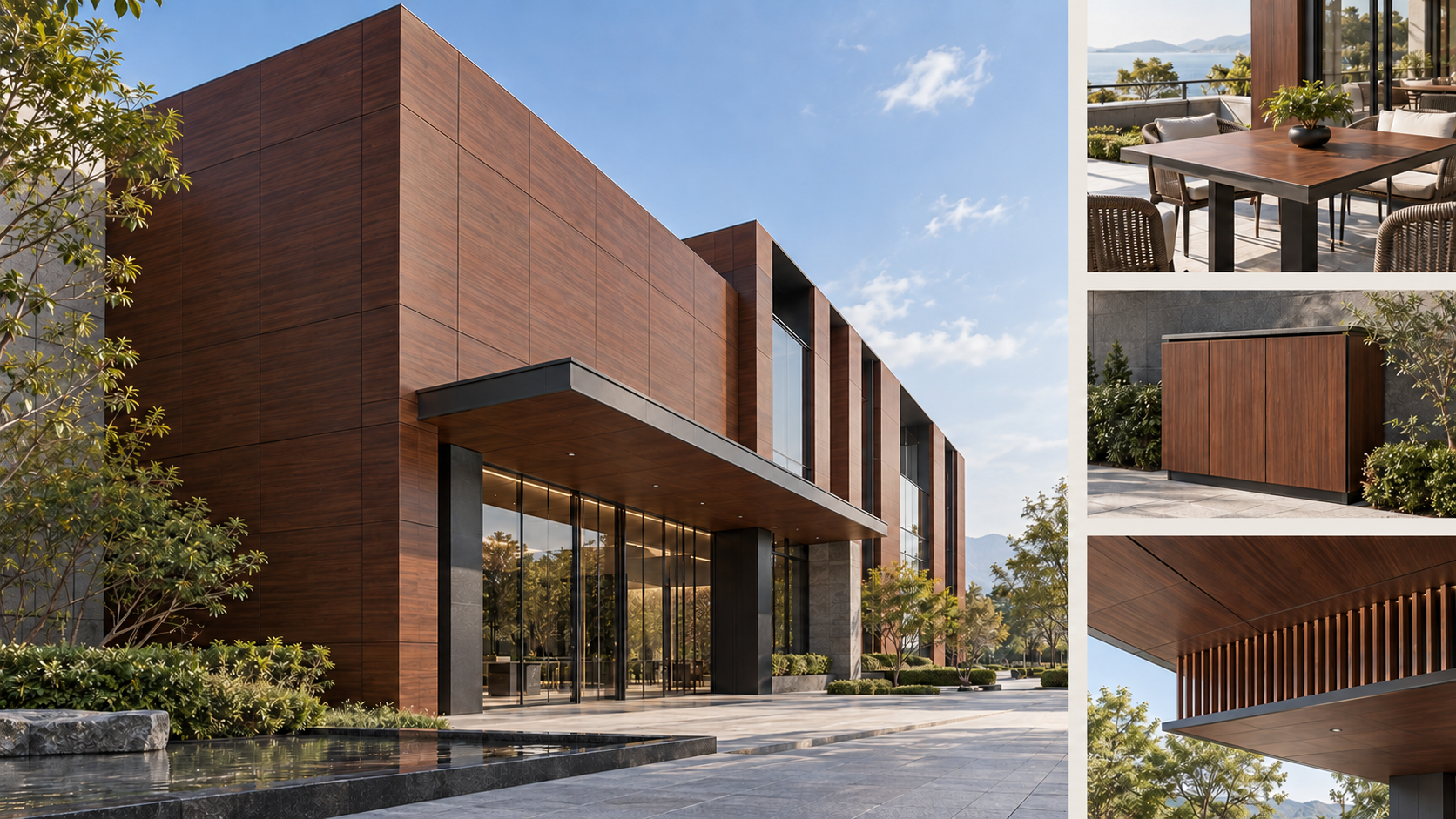 Deep red woodgrain panels on a facade, outdoor surfaces, cabinetry, and soffits