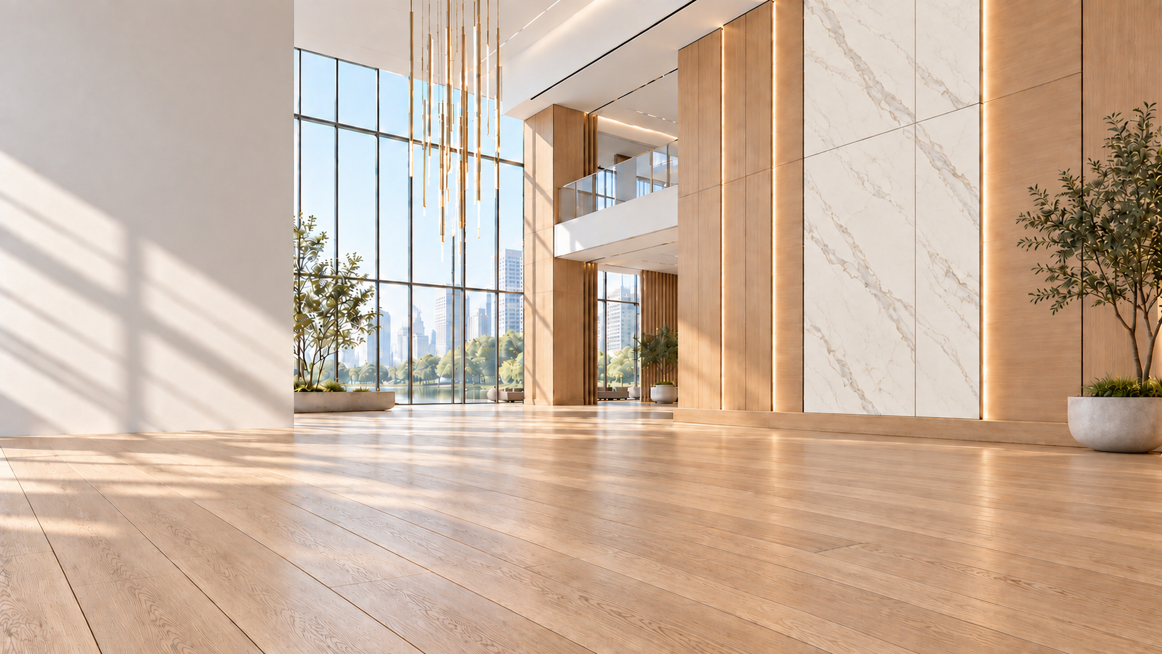 Original FIORE hero visual showing finished wall panels and flooring in a commercial interior